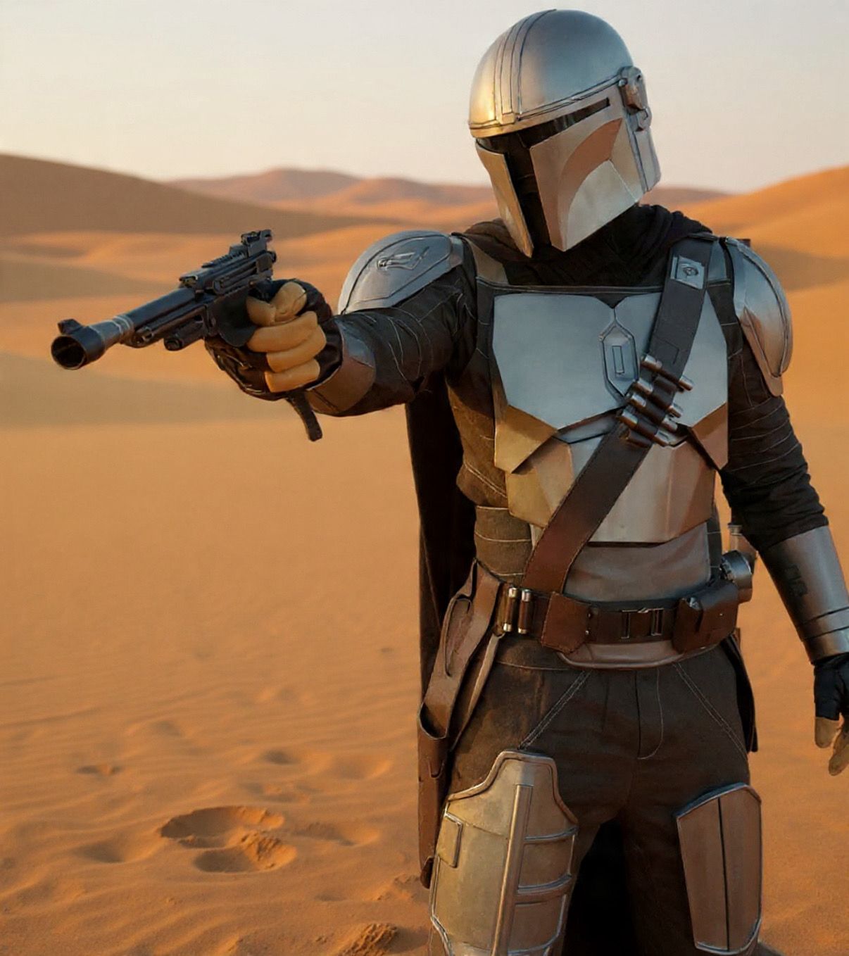 Armored galactic bounty hunter character in the desert
